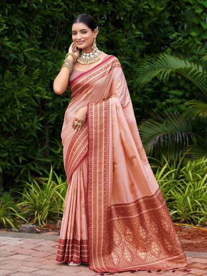 Rajwada Peach Silk Zari Woven Saree For Women
