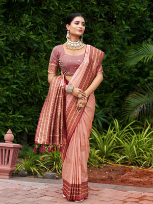 Rajwada Peach Silk Zari Woven Saree For Women
