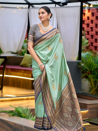 Rajwada Sea Green Silk Zari Woven Saree For Women