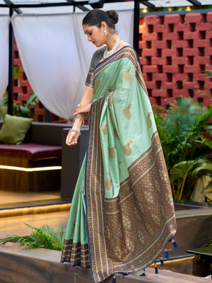 Rajwada Sea Green Silk Zari Woven Saree For Women