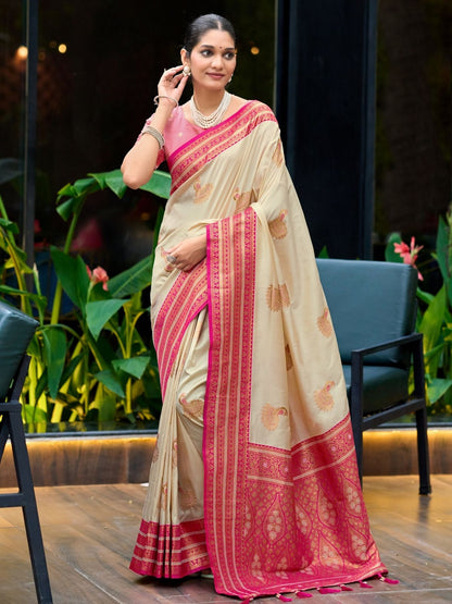 Rajwada Beige And Pink Silk Zari Woven Saree For Women