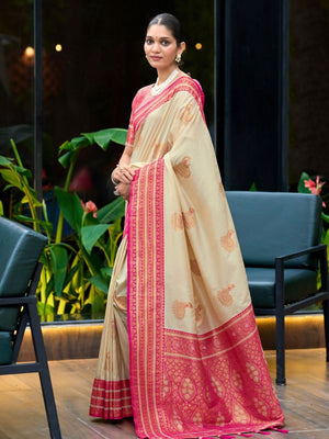 Rajwada Beige And Pink Silk Zari Woven Saree For Women