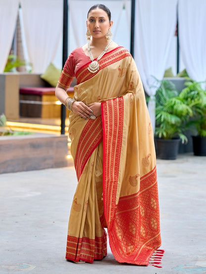 Rajwada Dark Cream Silk Zari Woven Saree For Women