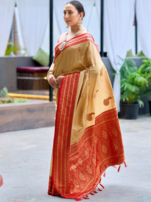 Rajwada Dark Cream Silk Zari Woven Saree For Women