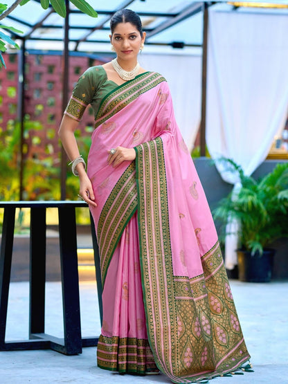 Rajwada Pink Silk Zari Woven Saree For Women