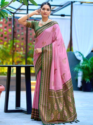 Rajwada Pink Silk Zari Woven Saree For Women