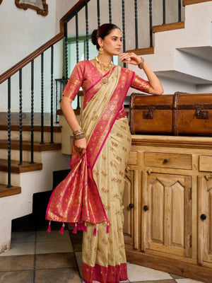 Rajwada Cream Silk Woven Saree For Women