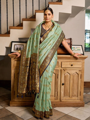 Rajwada Sea Green Silk Woven Saree For Women