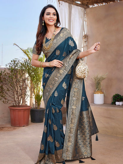 Rajwada Teal Silk Woven Saree For Women