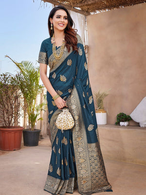 Rajwada Teal Silk Woven Saree For Women