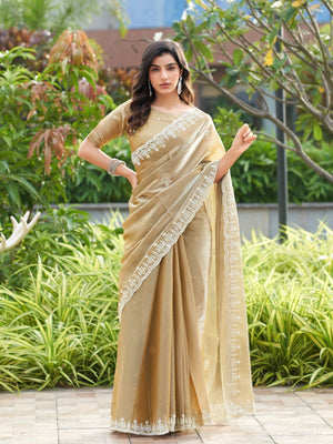 Rajwada Beige Chiffon Embroidered Saree For Women