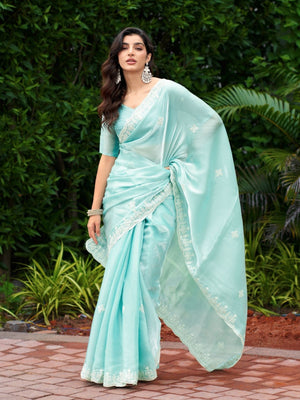 Rajwada Sky Blue  Chiffon Embroidered Saree For Women