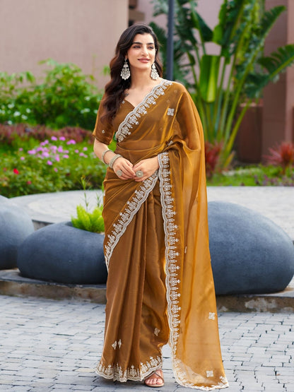 Rajwada Light Brown Chiffon Embroidered Saree For Women