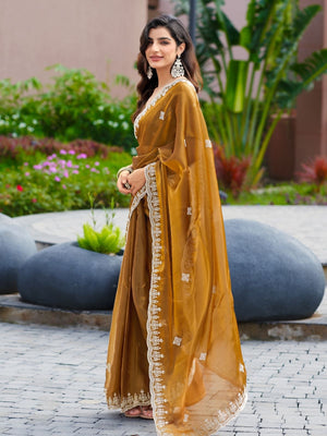 Rajwada Light Brown Chiffon Embroidered Saree For Women
