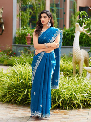 Rajwada Navy Blue Chiffon Embroidered Saree For Women