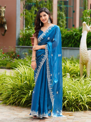 Rajwada Navy Blue Chiffon Embroidered Saree For Women