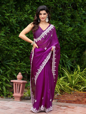 Rajwada Wine Chiffon Embroidered Saree For Women