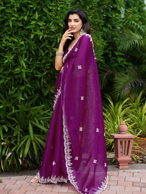 Rajwada Wine Chiffon Embroidered Saree For Women