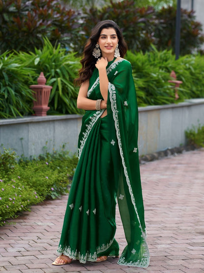 Rajwada Green Chiffon Embroidered Saree For Women