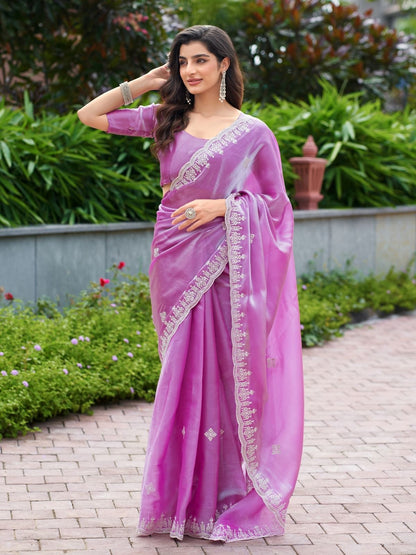 Rajwada Pink Chiffon Embroidered Saree For Women