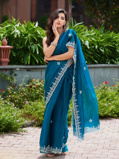 Rajwada Teal Blue Chiffon Embroidered Saree For Women