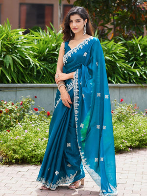 Rajwada Teal Blue Chiffon Embroidered Saree For Women