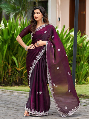 Rajwada Dark Maroon Chiffon Embroidered Saree For Women
