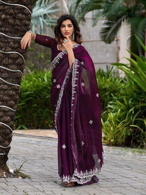 Rajwada Dark Maroon Chiffon Embroidered Saree For Women