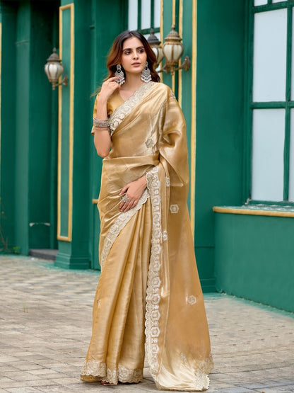 Rajwada Beige Chiffon Embellished Saree For Women