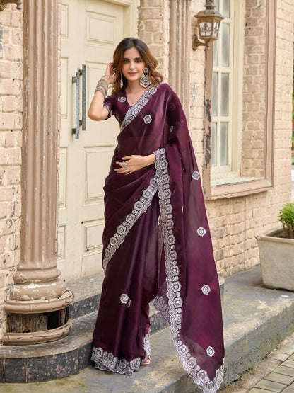 Rajwada Dark Maroon Chiffon Embellished Saree For Women