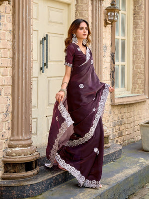 Rajwada Dark Maroon Chiffon Embellished Saree For Women