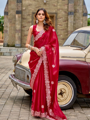 Rajwada Red Chiffon Embellished Saree For Women