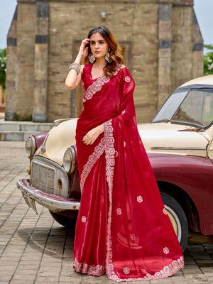 Rajwada Red Chiffon Embellished Saree For Women