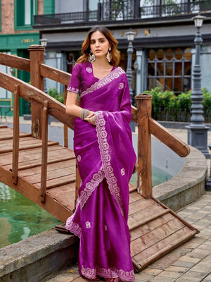 Rajwada Dark Magenta Chiffon Embellished Saree For Women