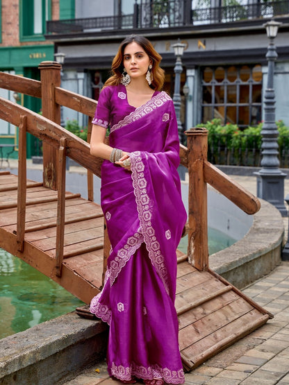 Rajwada Dark Magenta Chiffon Embellished Saree For Women