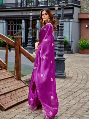 Rajwada Dark Magenta Chiffon Embellished Saree For Women