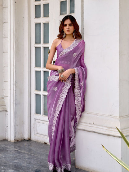 Rajwada Lavender Chiffon Embellished Saree For Women