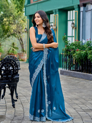 Rajwada Teal Blue Chiffon Embellished Saree For Women