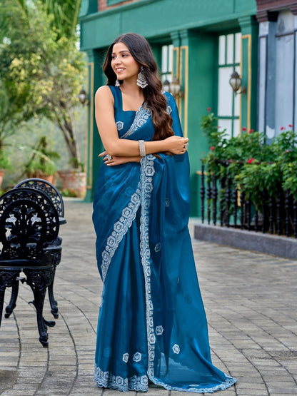 Rajwada Teal Blue Chiffon Embellished Saree For Women