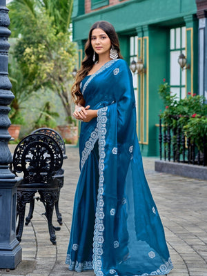 Rajwada Teal Blue Chiffon Embellished Saree For Women