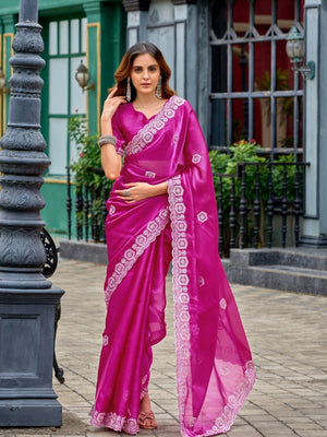 Rajwada Magenta Chiffon Embellished Saree For Women