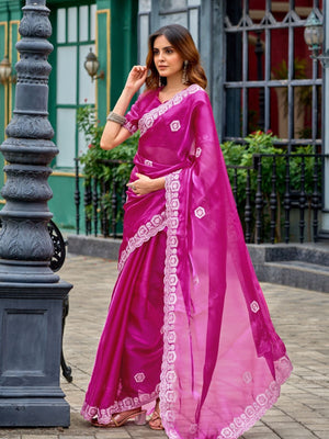 Rajwada Magenta Chiffon Embellished Saree For Women