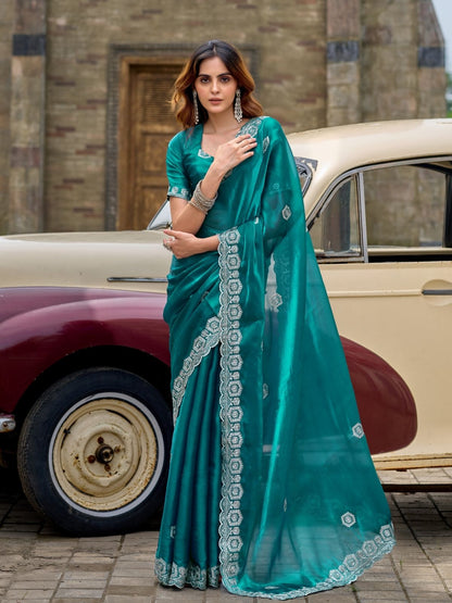 Rajwada Sea Green Chiffon Embellished Saree For Women