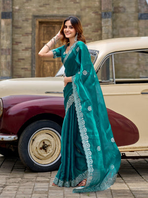Rajwada Sea Green Chiffon Embellished Saree For Women