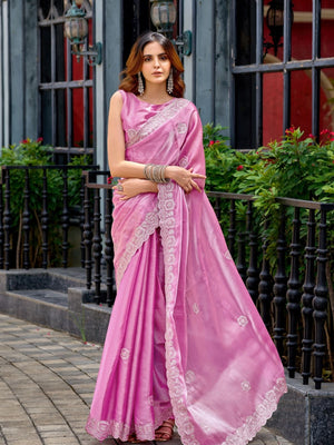 Rajwada Pink Chiffon Embellished Saree For Women