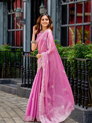 Rajwada Pink Chiffon Embellished Saree For Women