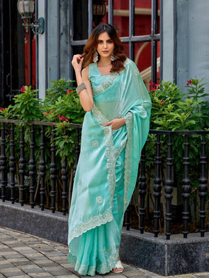 Rajwada Aqua Chiffon Embellished Saree For Women