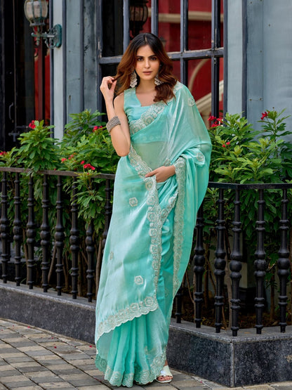 Rajwada Aqua Chiffon Embellished Saree For Women