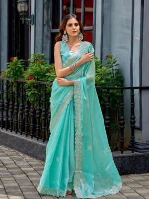 Rajwada Aqua Chiffon Embellished Saree For Women