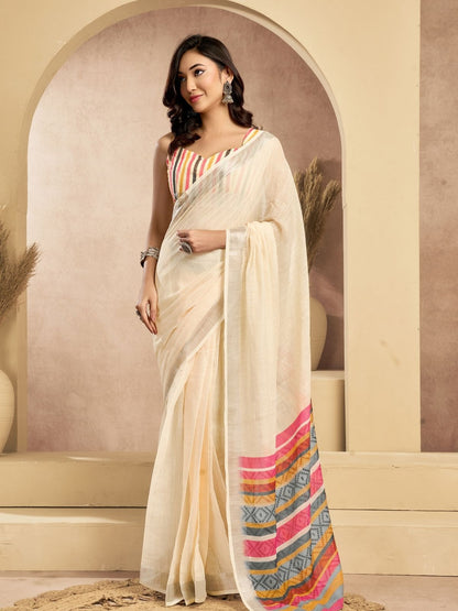 Rajwada Cream Cotton Linen Solid Saree For Women